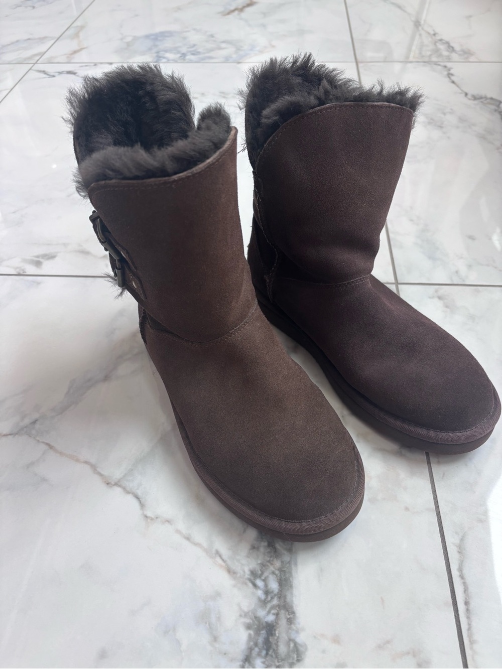 UGG Chocolate Brown Suede Shearling Mid-Calf Boots